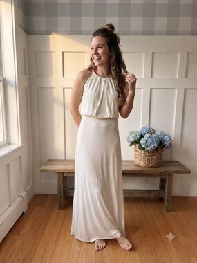 Mango Formal Gold Chain Cream Halter Maxi Dress Small